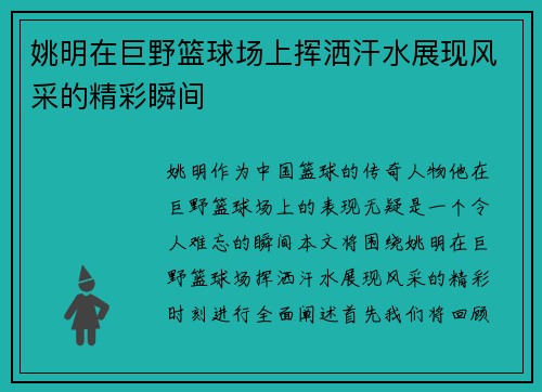 姚明在巨野篮球场上挥洒汗水展现风采的精彩瞬间