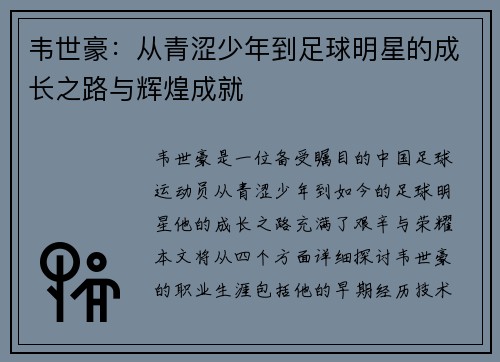 韦世豪：从青涩少年到足球明星的成长之路与辉煌成就
